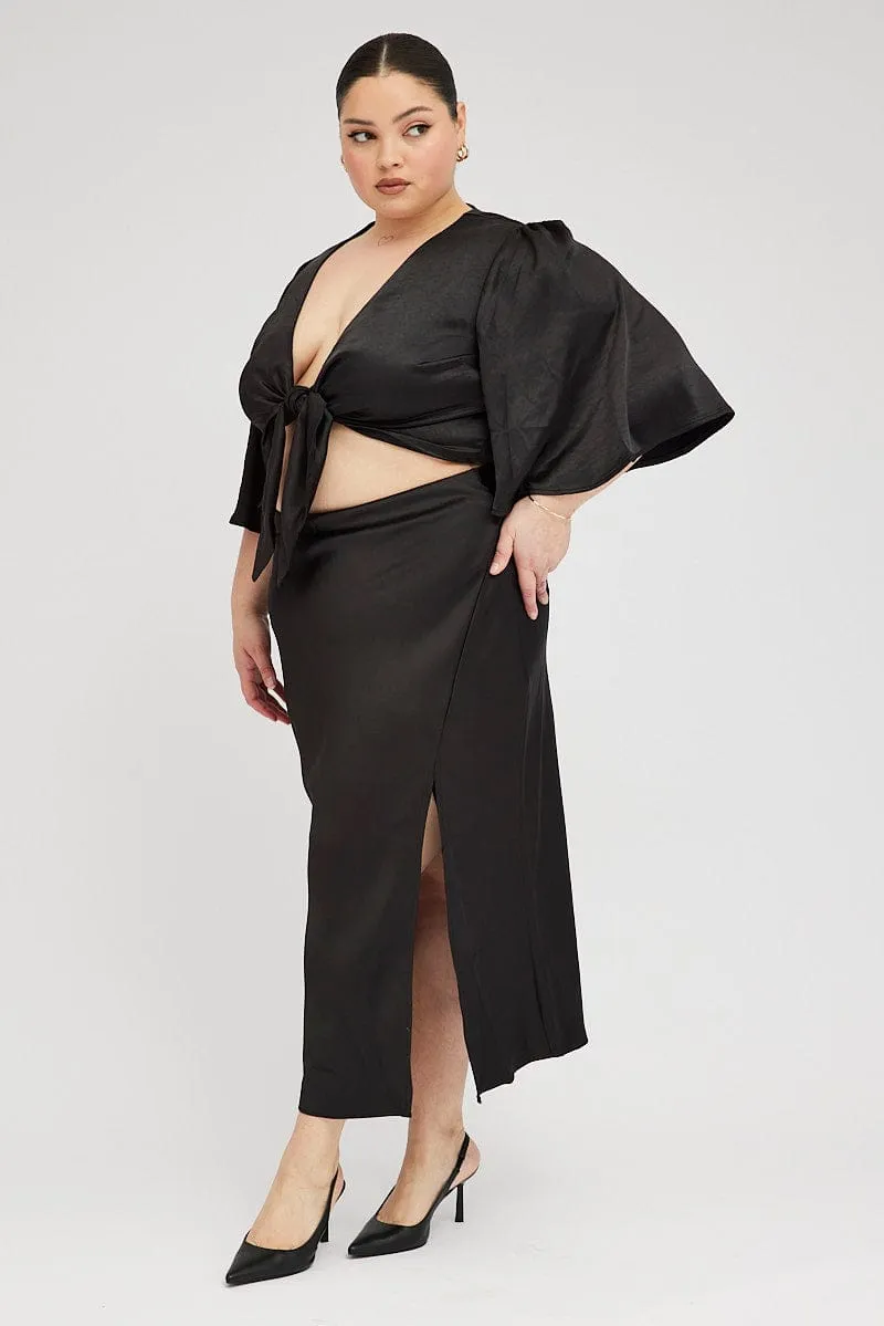 Black Midi Skirt Satin Split Flare Linen Cotton Mix Curve Friendly