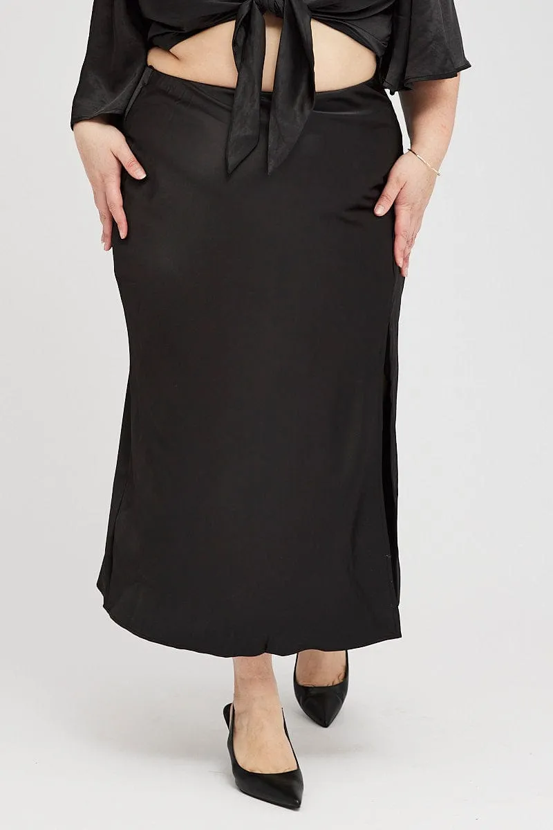 Maximalist look Thermal Regulating Black Midi Skirt Satin Split Flare