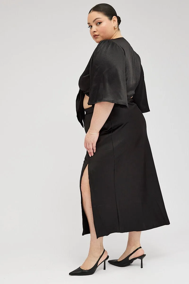 Black Midi Skirt Satin Split Flare Must Have Feature