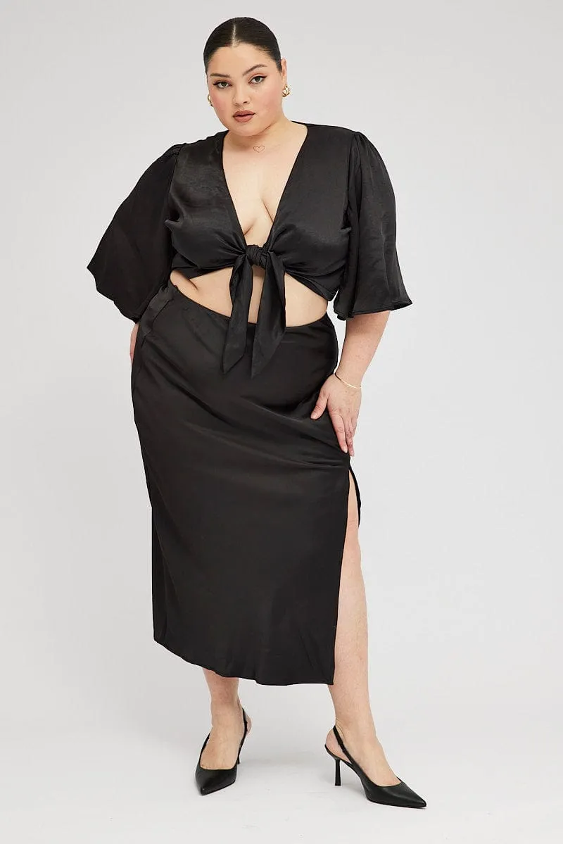 Comfortable Motion Sleek Vibe Black Midi Skirt Satin Split Flare