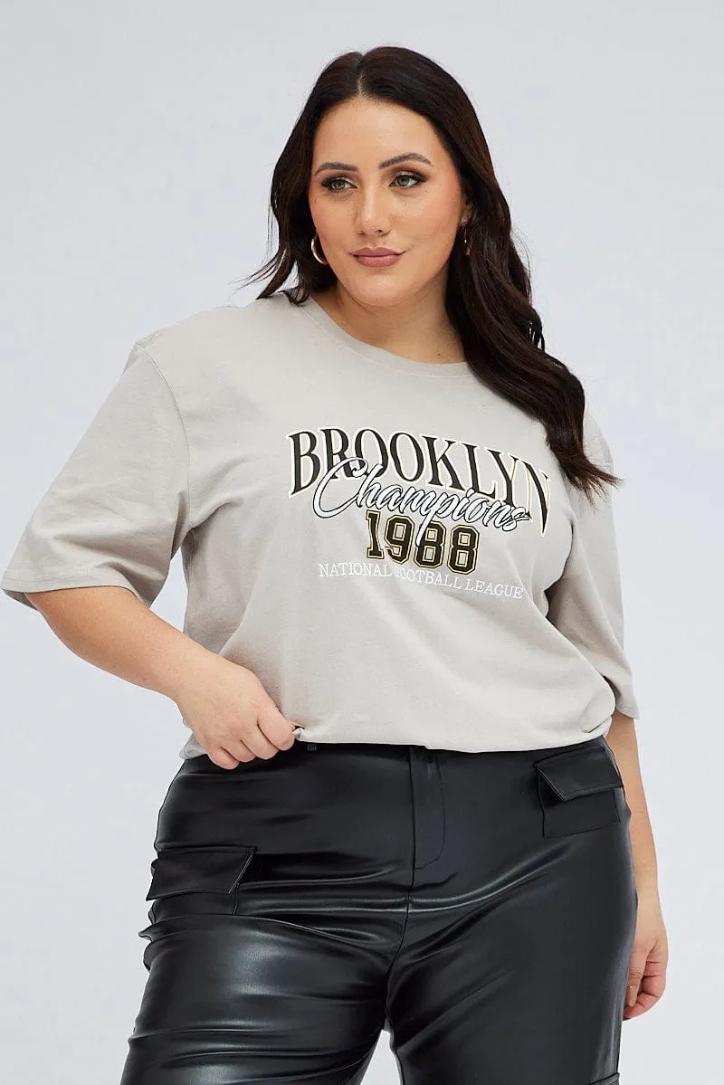 Sublimation Printed Collar Grey Graphic T-shirt Short Sleeve Crew Neck
