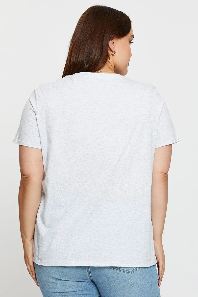 Versatile Look Grey Graphic T-shirt Crew Neck Short Sleeve Cotton