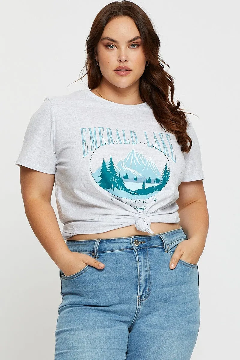 Outdoor Look Grey Graphic T-shirt Crew Neck Short Sleeve Cotton