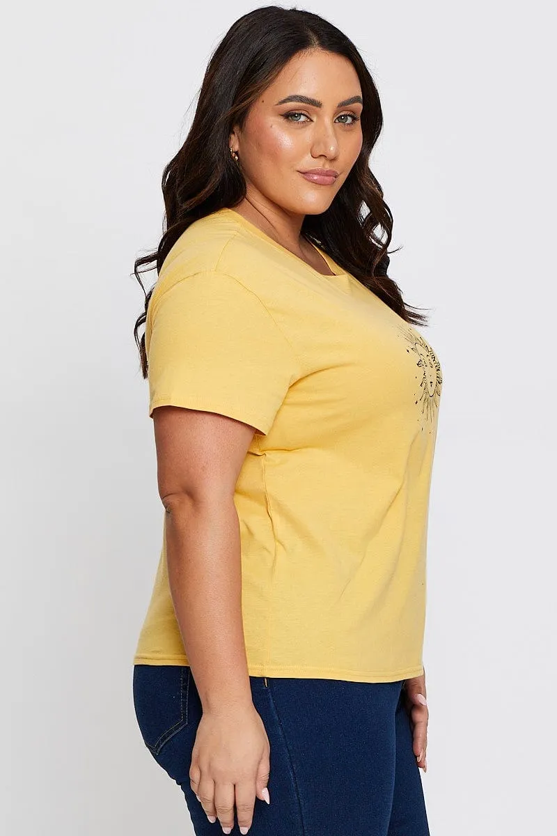 Bohemian style Yellow Graphic T-shirt Radiant Sun Short Sleeve Cotton