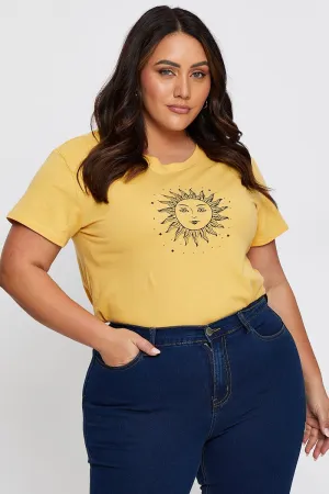 RibbedNeckBanding sporty wear Yellow Graphic T-shirt Radiant Sun Short Sleeve Cotton
