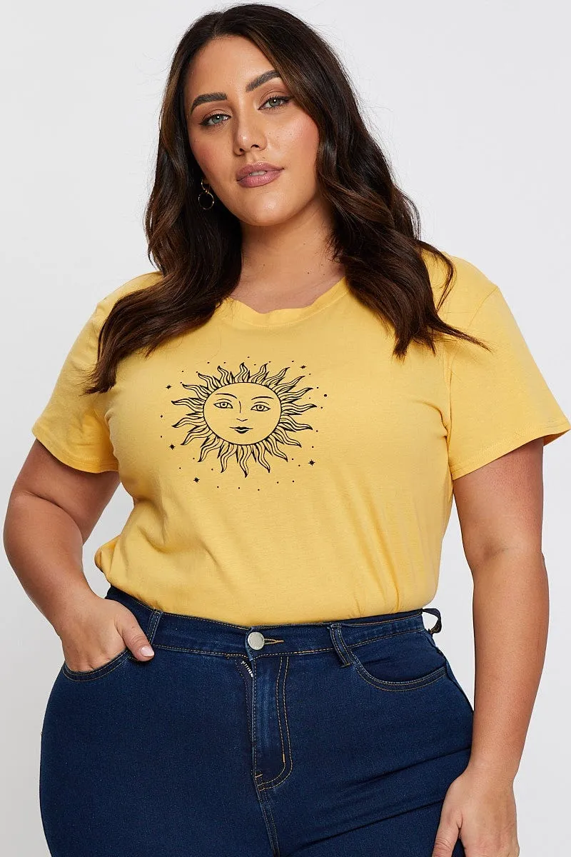 Yellow Graphic T-shirt Radiant Sun Short Sleeve Cotton Cool Weather Wear Silk combination