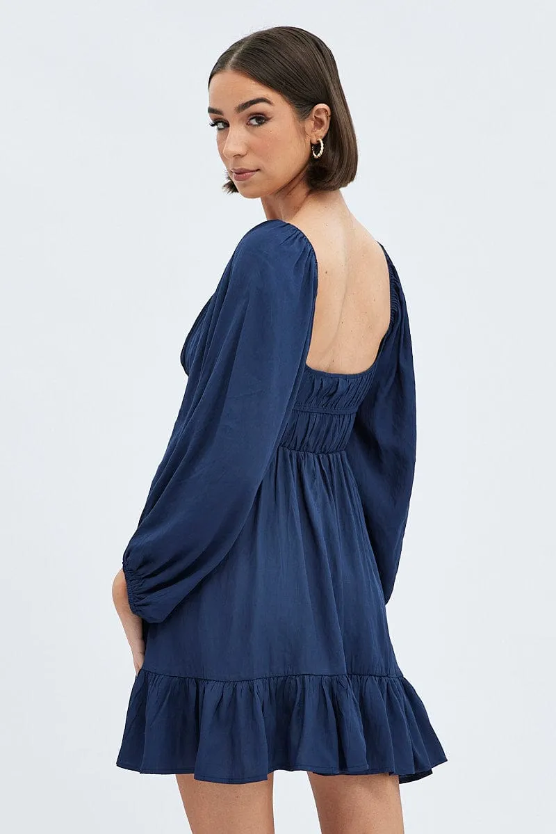 Blue Fit and Flare Dress Long Sleeve Cut Out Hike Fit Peace Core