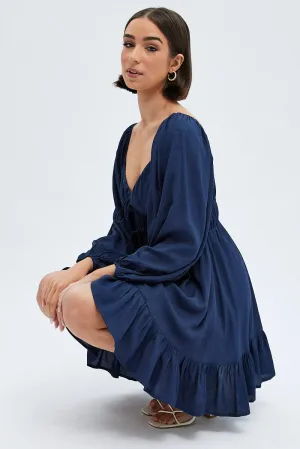 Blue Fit and Flare Dress Long Sleeve Cut Out Casual Fashion Data Mode