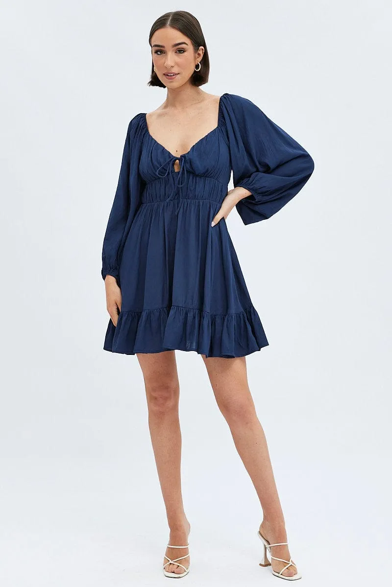 Blue Fit and Flare Dress Long Sleeve Cut Out EcoFriendly Material