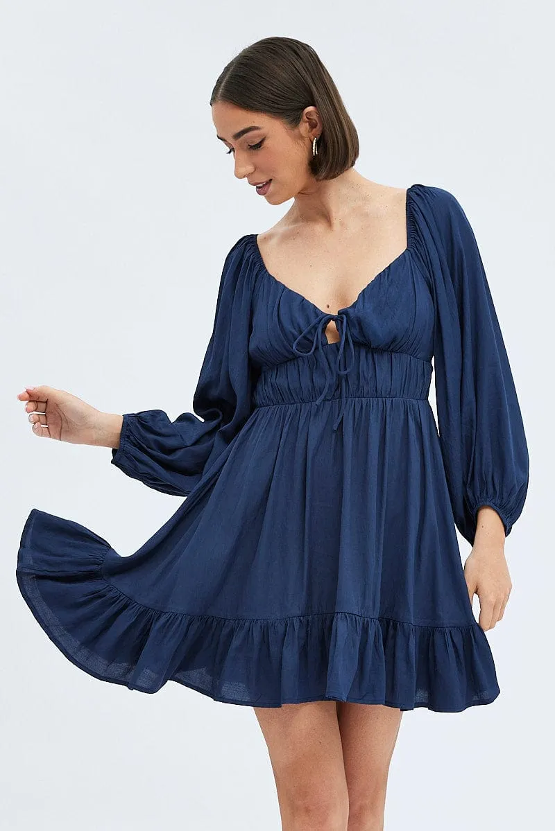 Blue Fit and Flare Dress Long Sleeve Cut Out FlexibleElasticity