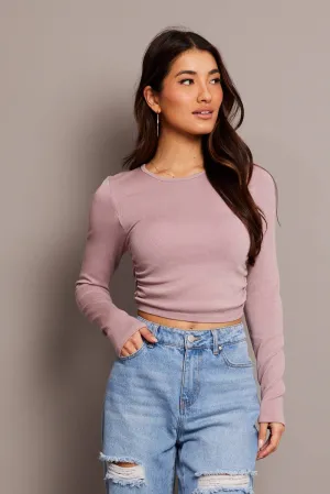 Casual Sweater Comfortable clothing Purple Seamless Top Long Sleeve Side Ruched