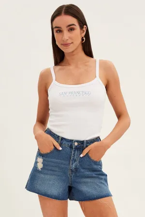 White Graphic Tank San Francisco Sleeveless Crop StaticResistantLining