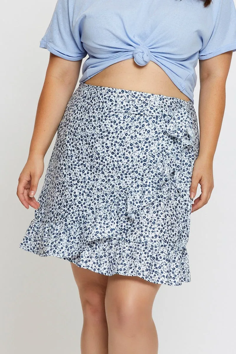 Cashmere Touch Floral Print Mini Skater Skirt Ruffle Hem