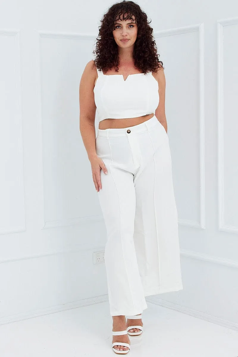 Quick Motion Embroidered Detail White Wide Pants Waist Seam