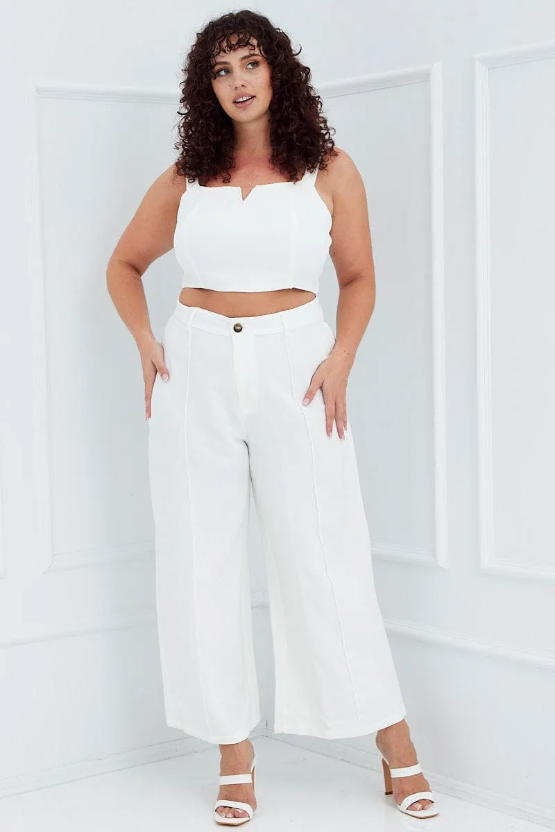 White Wide Pants Waist Seam Classic Elegance