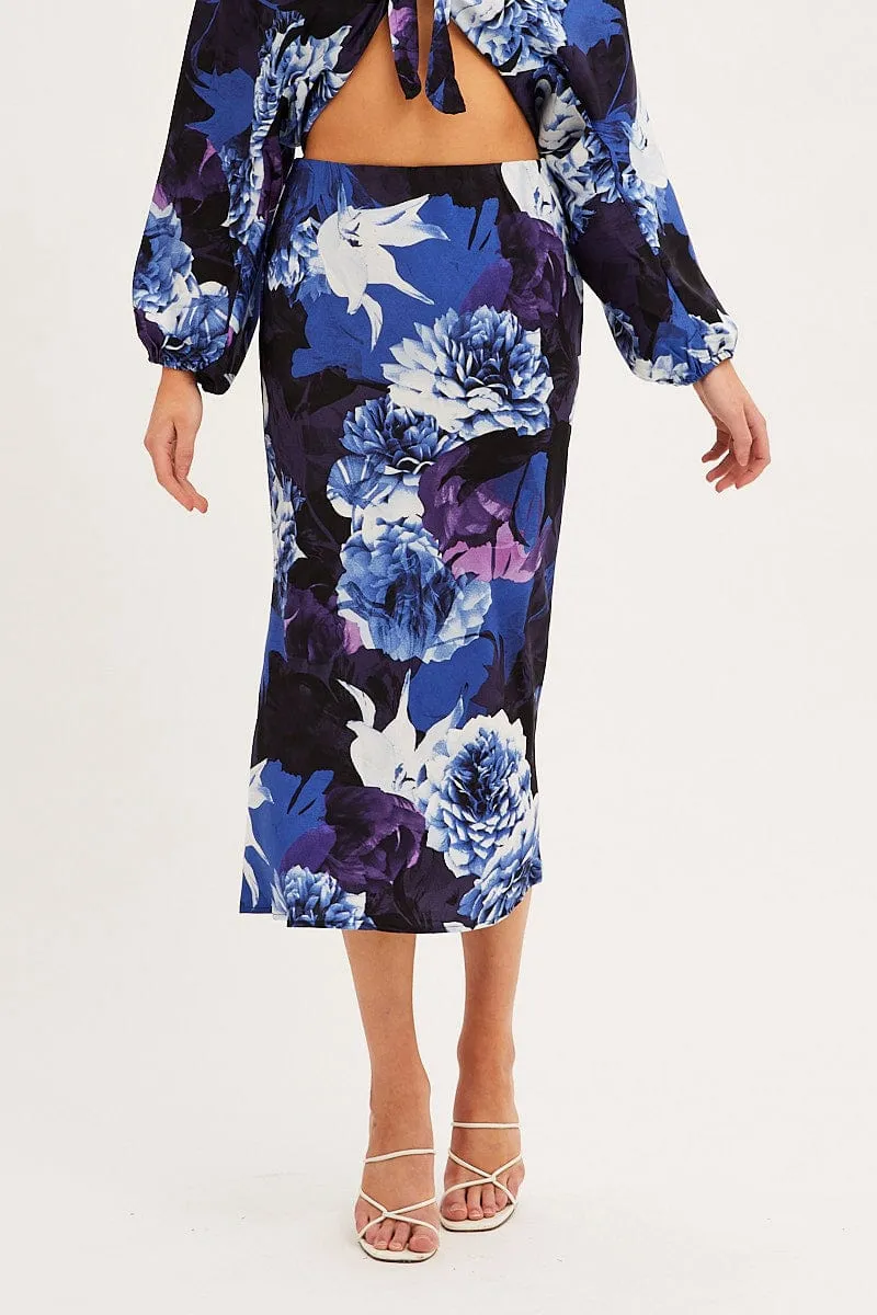 Sustainable Fabric Abstract Print Slip Skirt Midi Satin