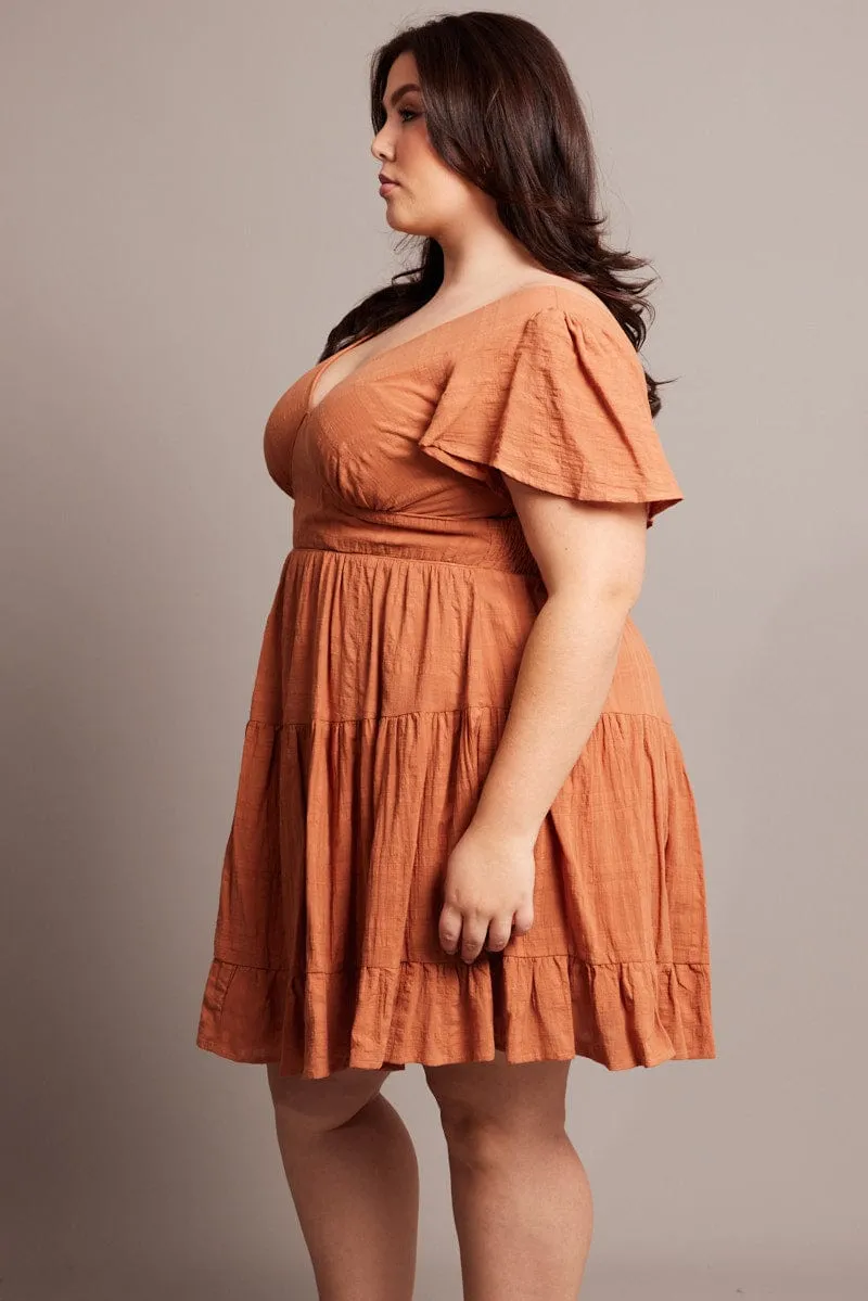 Brown V-neck Textured Cotton Mini Dress Vibrant Colors Charming Detail