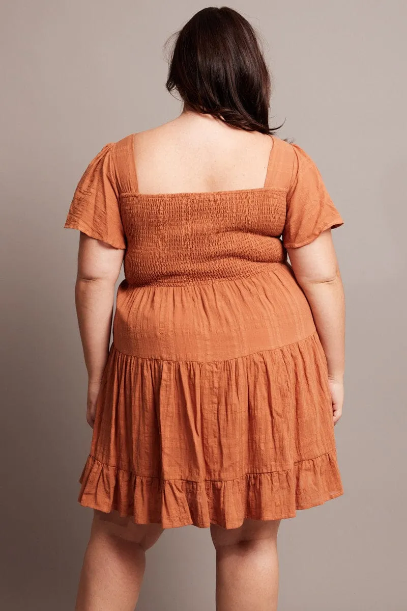 Brown V-neck Textured Cotton Mini Dress Glow Warm
