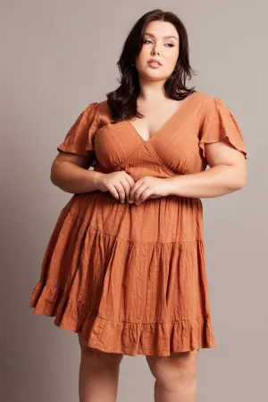 Brown V-neck Textured Cotton Mini Dress Shine Star