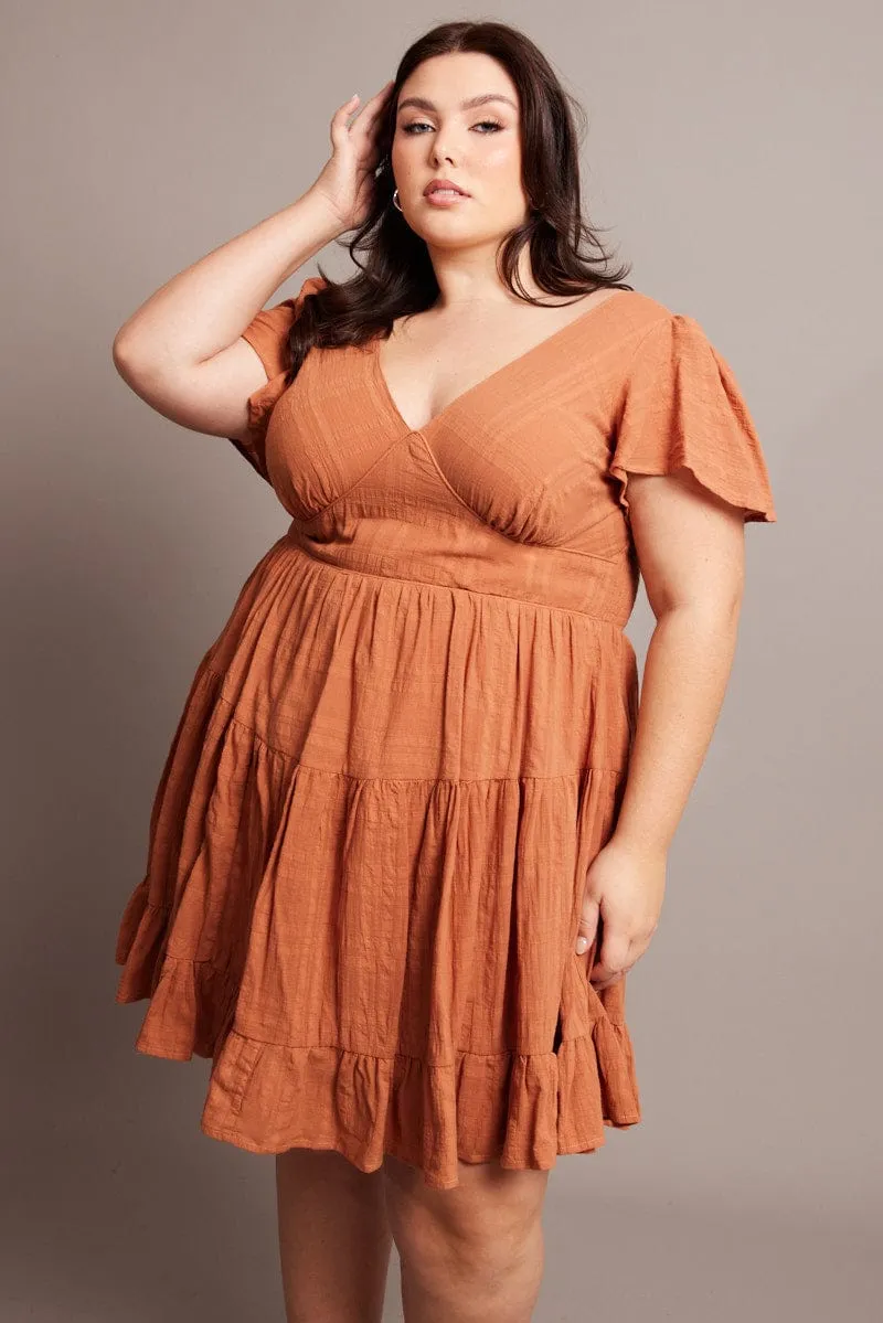 Brown V-neck Textured Cotton Mini Dress Chic Look