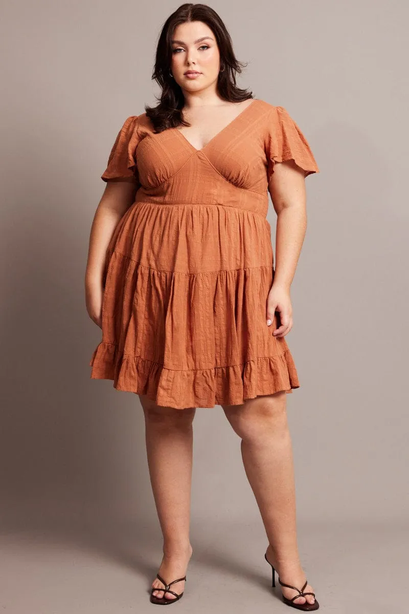 Brown V-neck Textured Cotton Mini Dress Vibrant Look Glow Hot
