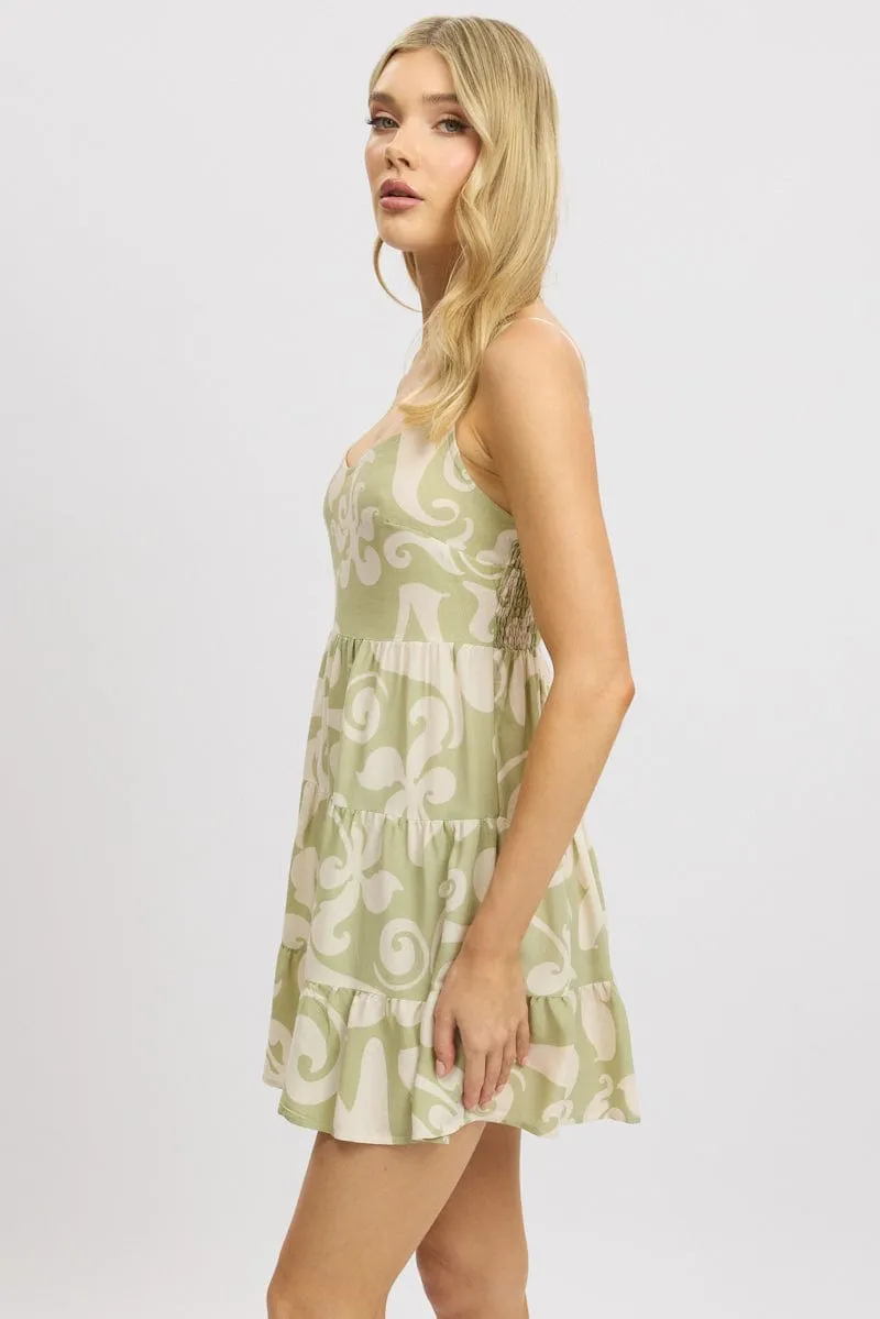Green Abstract Mini Dress Tiered Strappy Comfortable date night mini Trendy Chic
