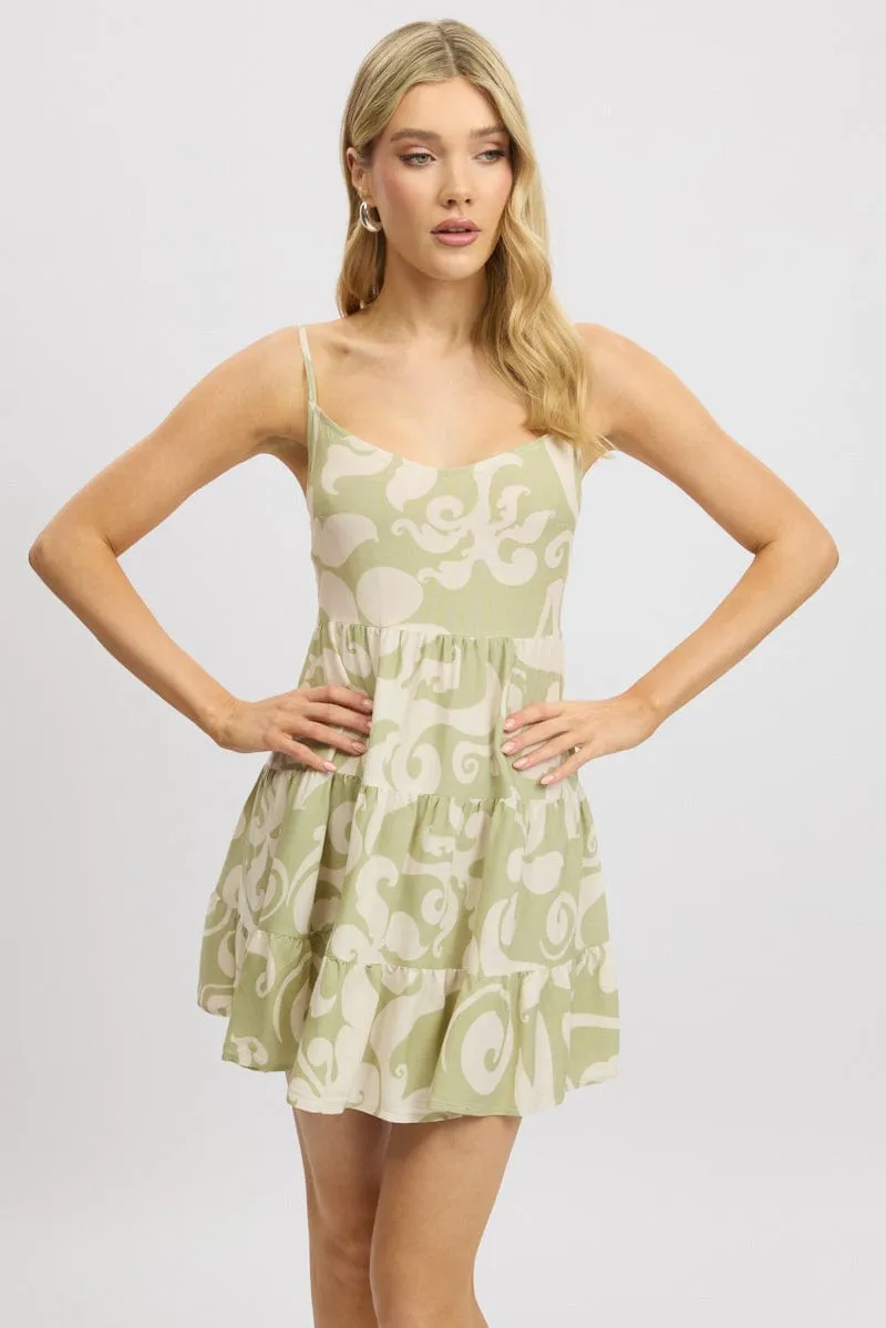 Green Abstract Mini Dress Tiered Strappy Curvy Love