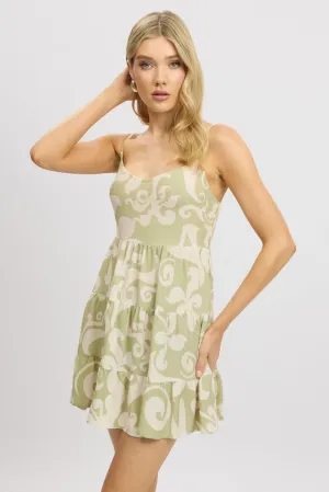 Green Abstract Mini Dress Tiered Strappy Secure fastening Chic Wear