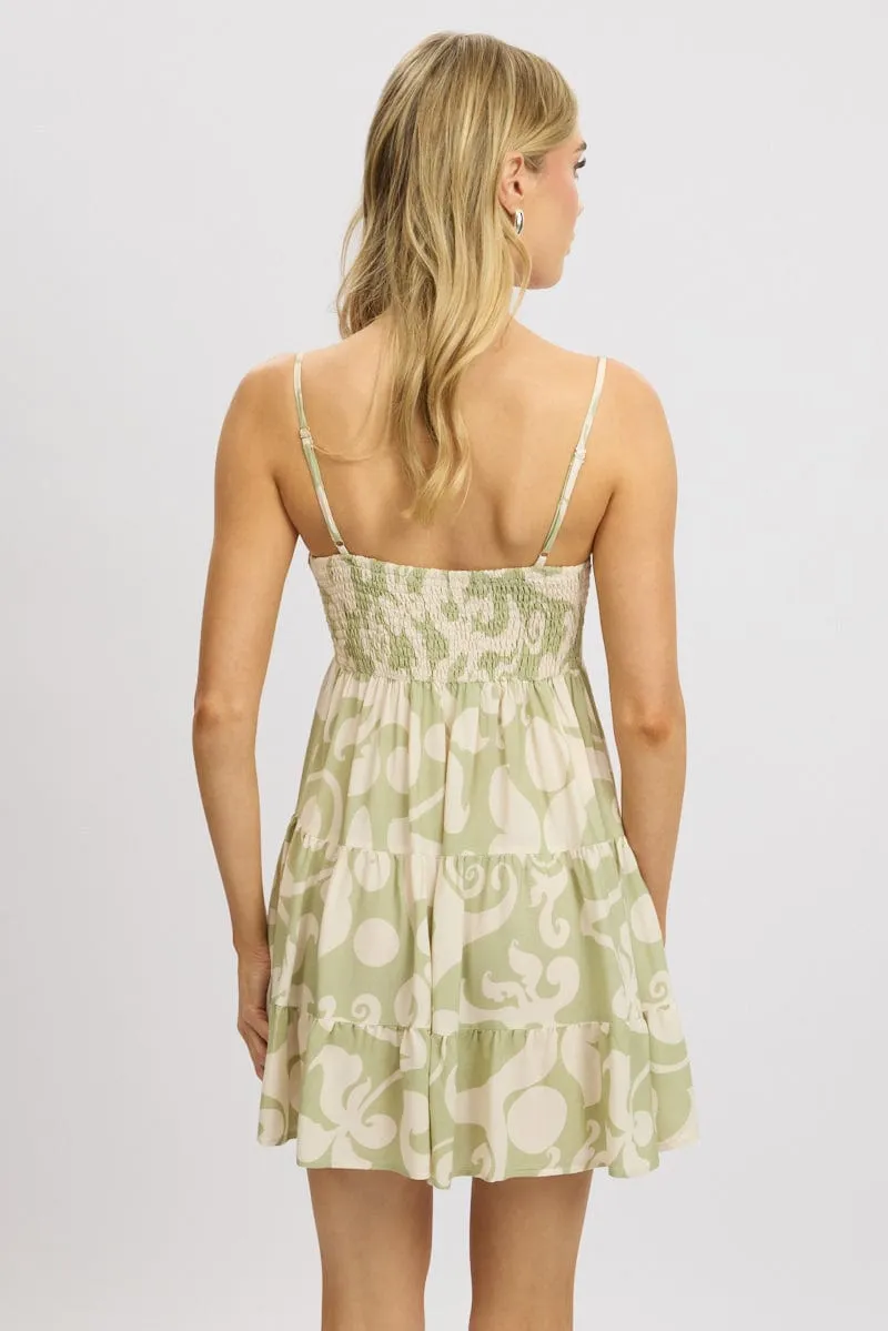 Green Abstract Mini Dress Tiered Strappy Stylish short formal dress