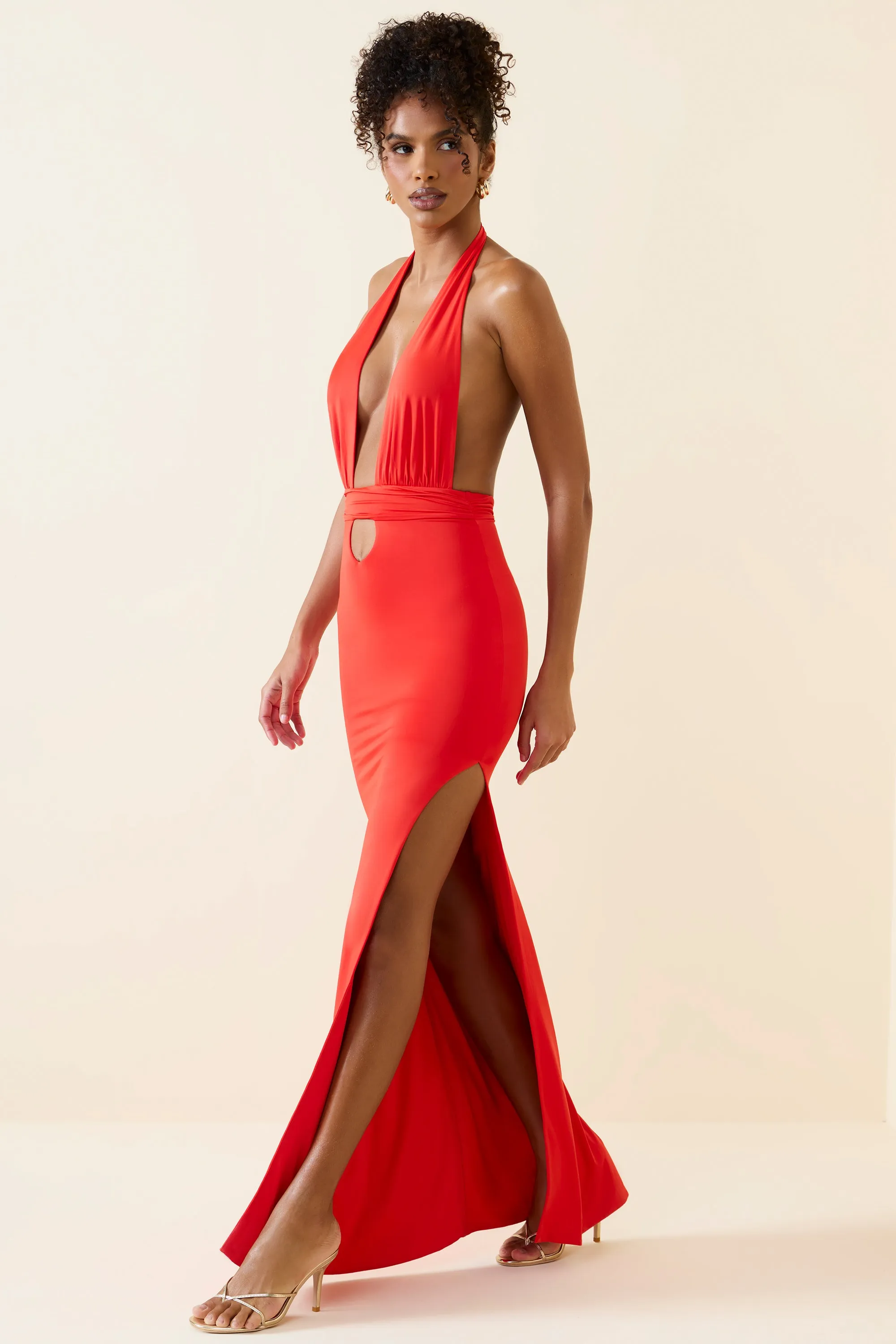 Nickel Glow Halterneck Cut-Out Maxi Dress in Scarlet