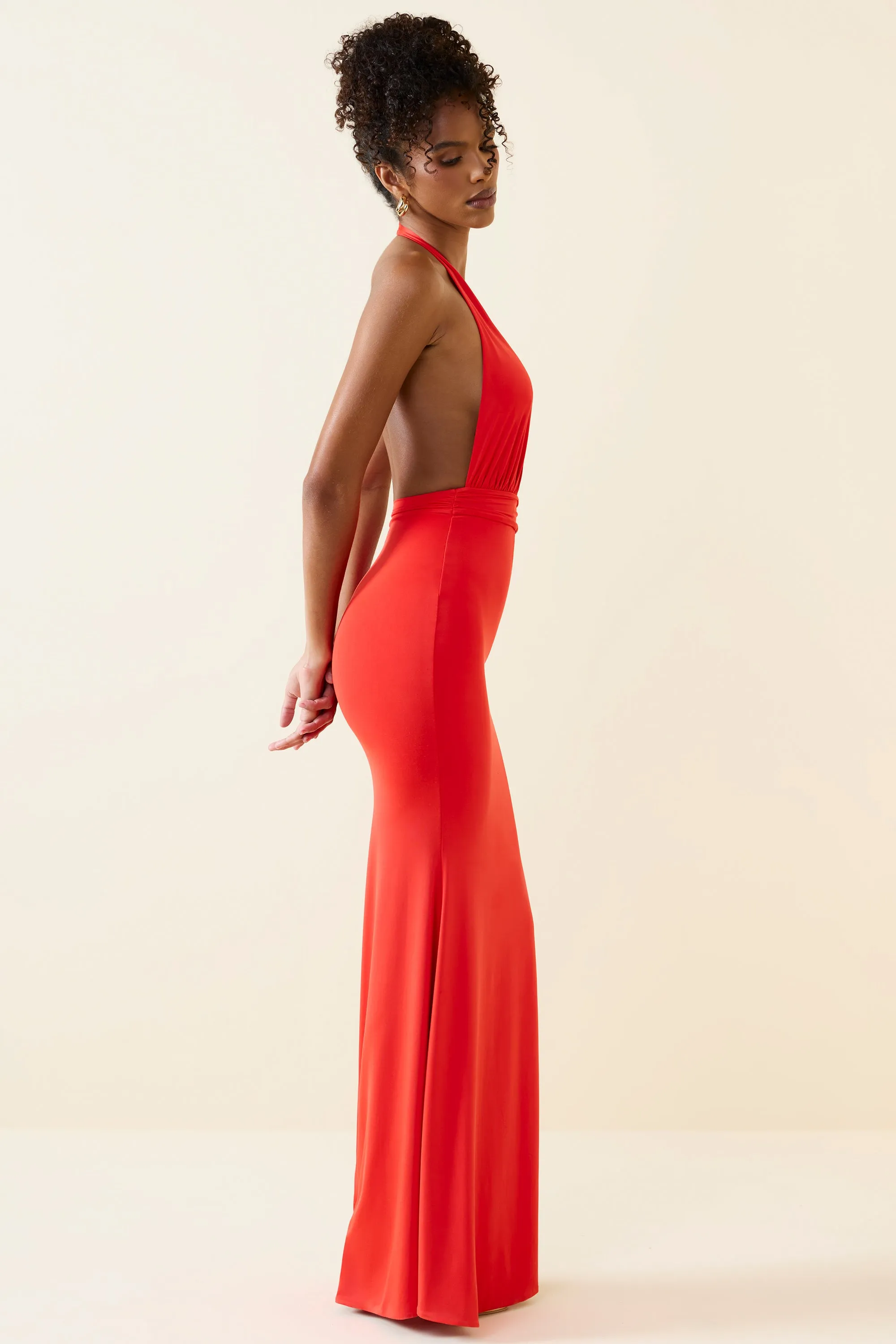 The elegant cut of this dress highlights your figure while offering plenty of room to move Roof View Halterneck Cut-Out Maxi Dress in Scarlet