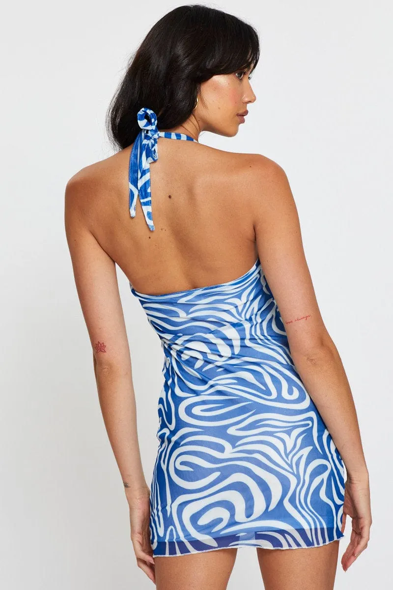 Youth Flair Sleek Fashion Abstract Print Dress Mini Halter Neck Mesh
