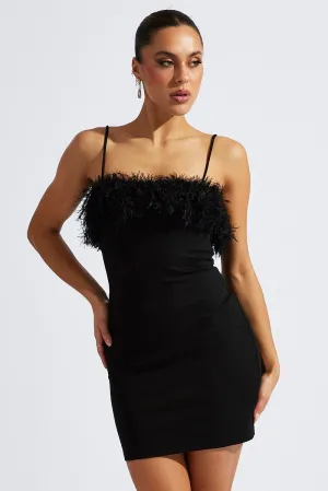 Black Faux Feather Trim Bodycon Strappy Mini Dress Simple Style Look Timeless Chic