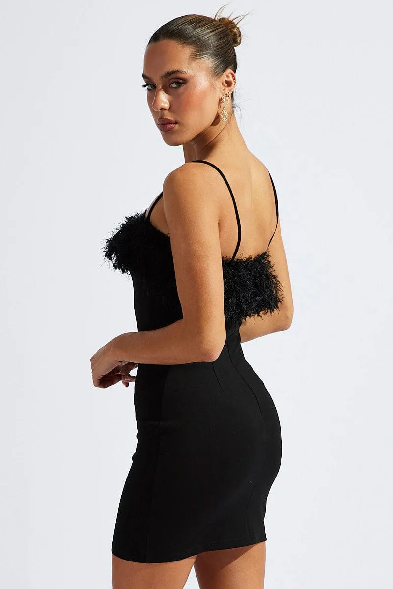 Timeless Fashion Perfect Fit Black Faux Feather Trim Bodycon Strappy Mini Dress