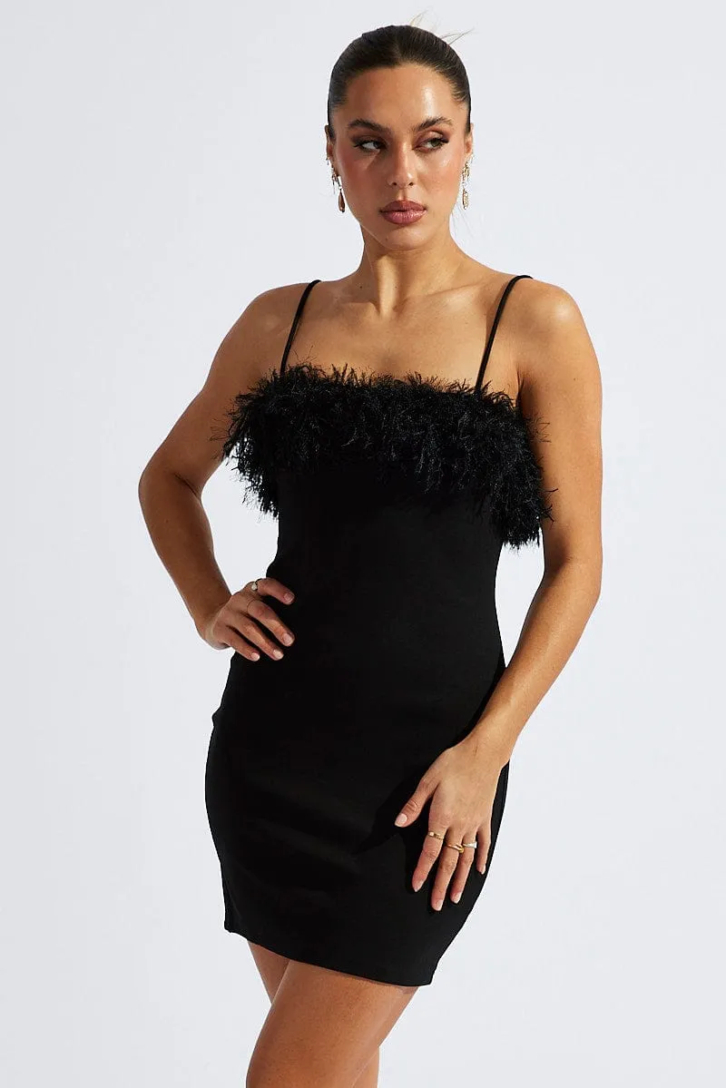 Black Faux Feather Trim Bodycon Strappy Mini Dress Floral Vibe