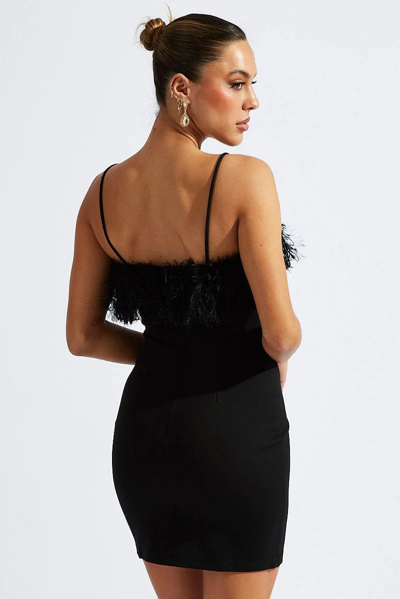 Black Faux Feather Trim Bodycon Strappy Mini Dress Hot Beat Trend Beat
