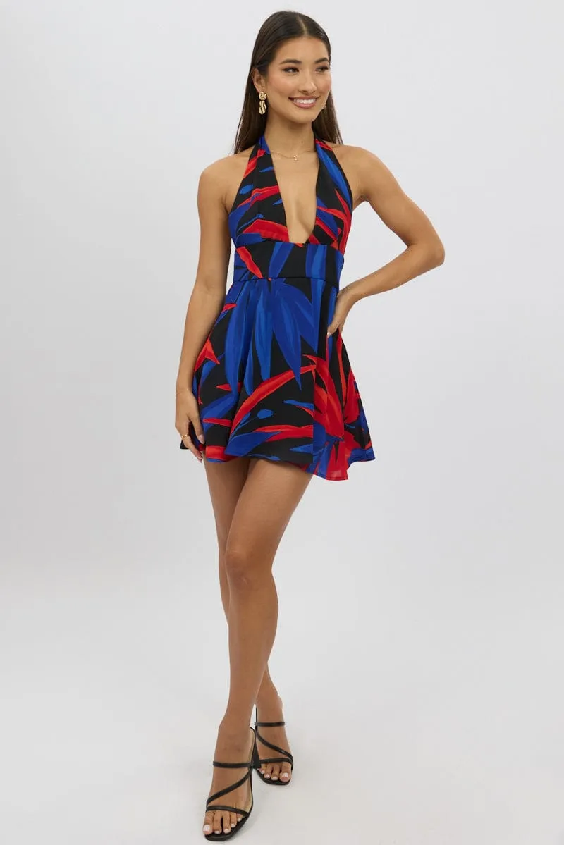 Vibrant color Black Floral Halter Neck Dress Mini