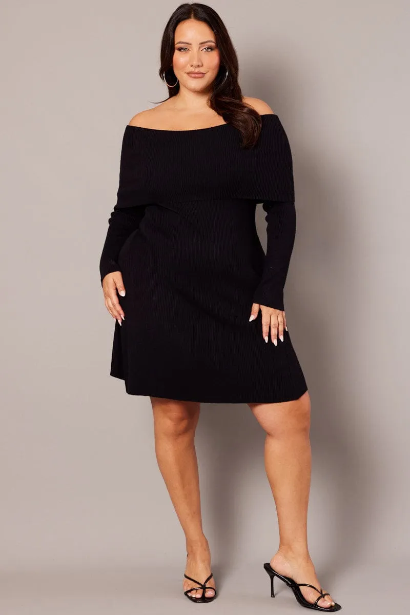 Lightweight and airy mini Black Off Shoulder Knit Mini Dress