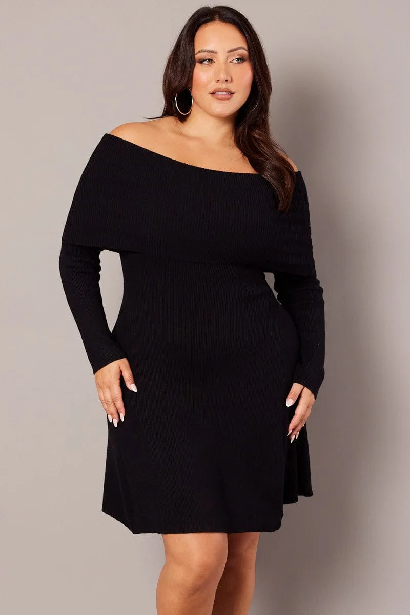 Black Off Shoulder Knit Mini Dress Highlight Zone
