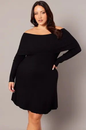 Glow Beat Vibrant Fashion Black Off Shoulder Knit Mini Dress