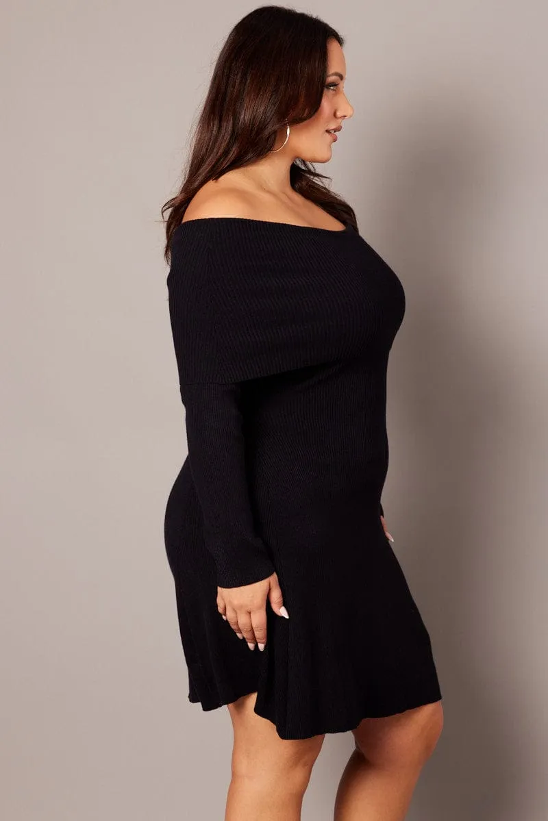 Black Off Shoulder Knit Mini Dress Edge Mood Cutout Back Detailing