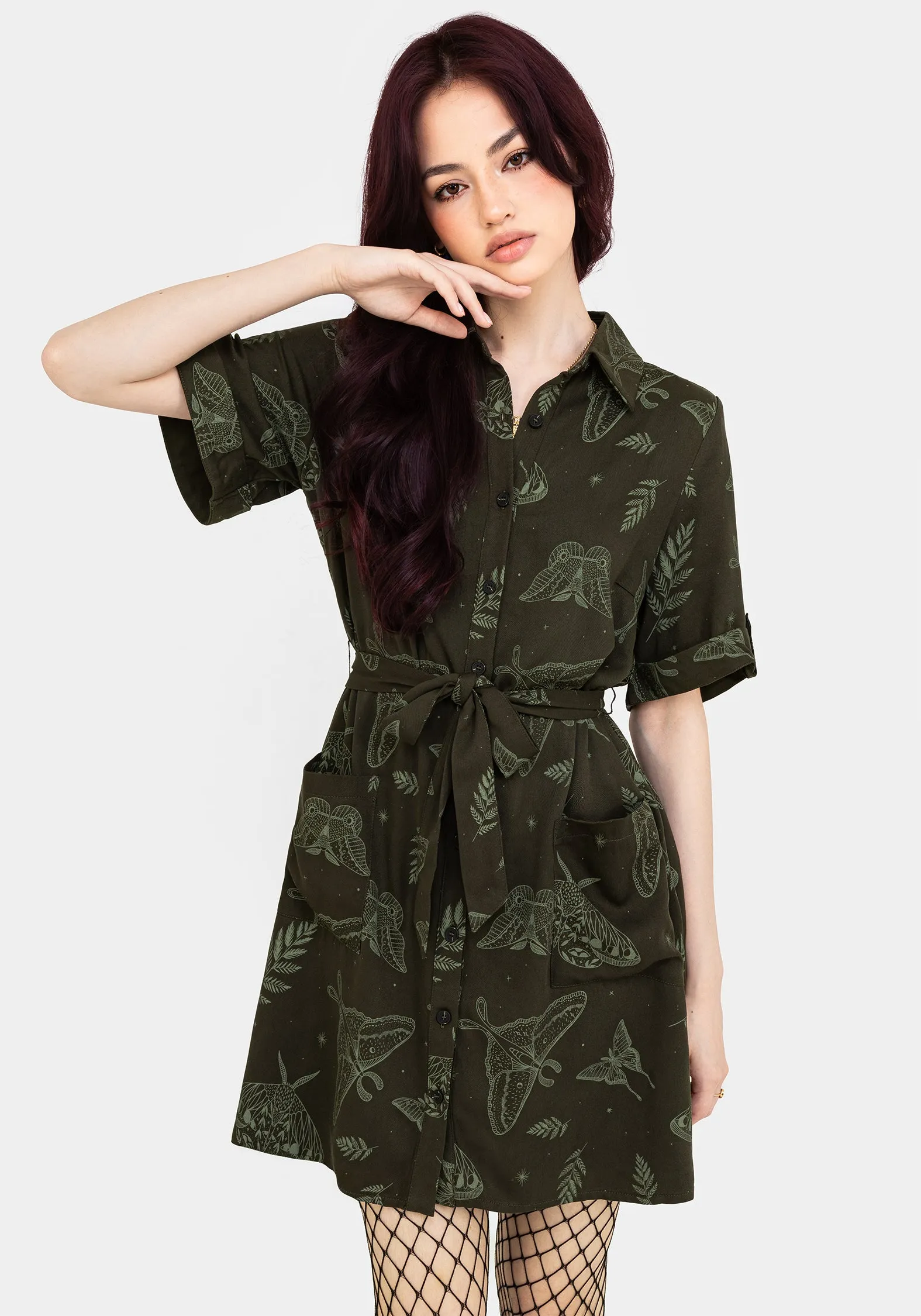 Casual Wear Callopistria Moth Print Mini Shirt Dress - Green