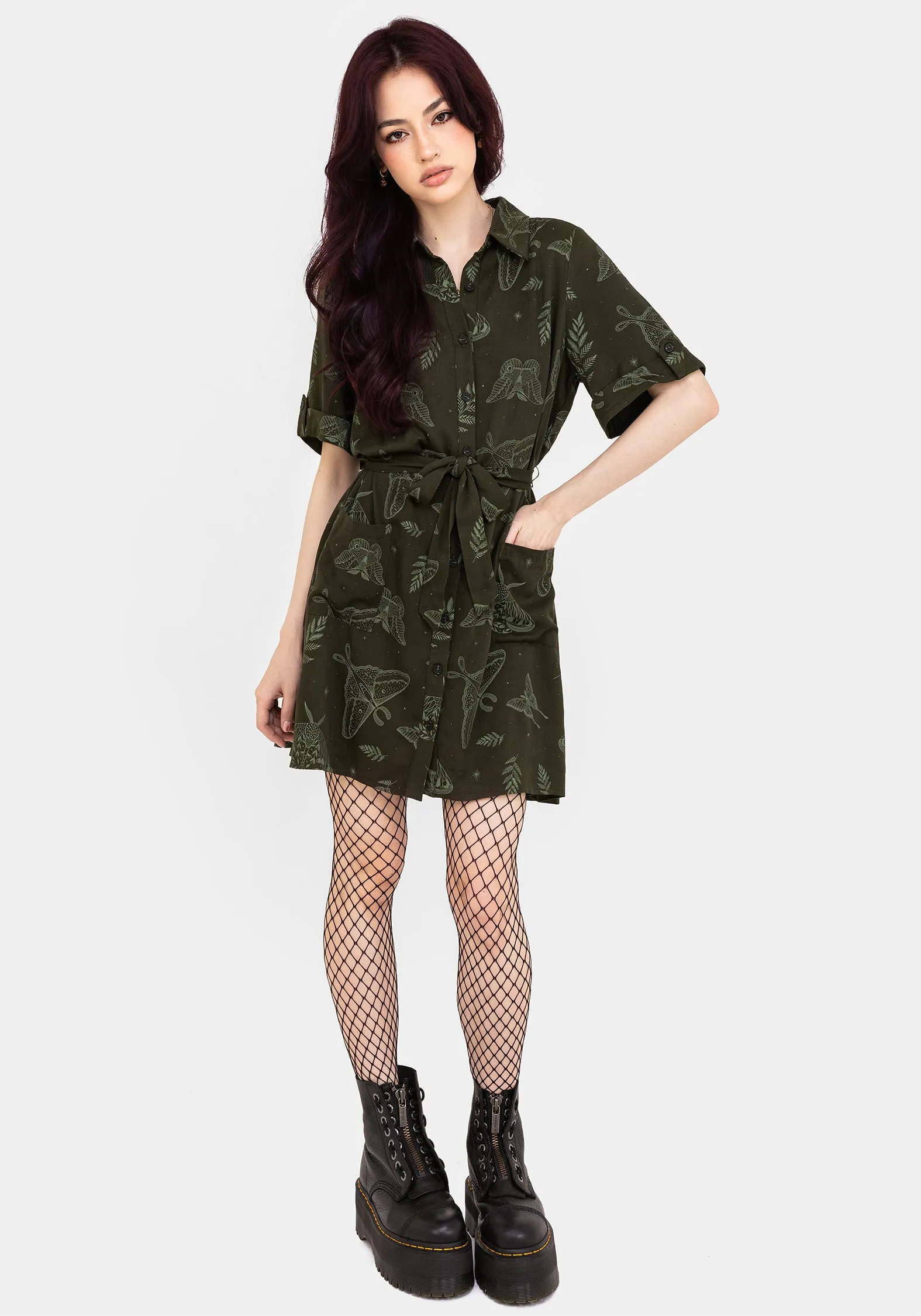 Scene Cool Callopistria Moth Print Mini Shirt Dress - Green