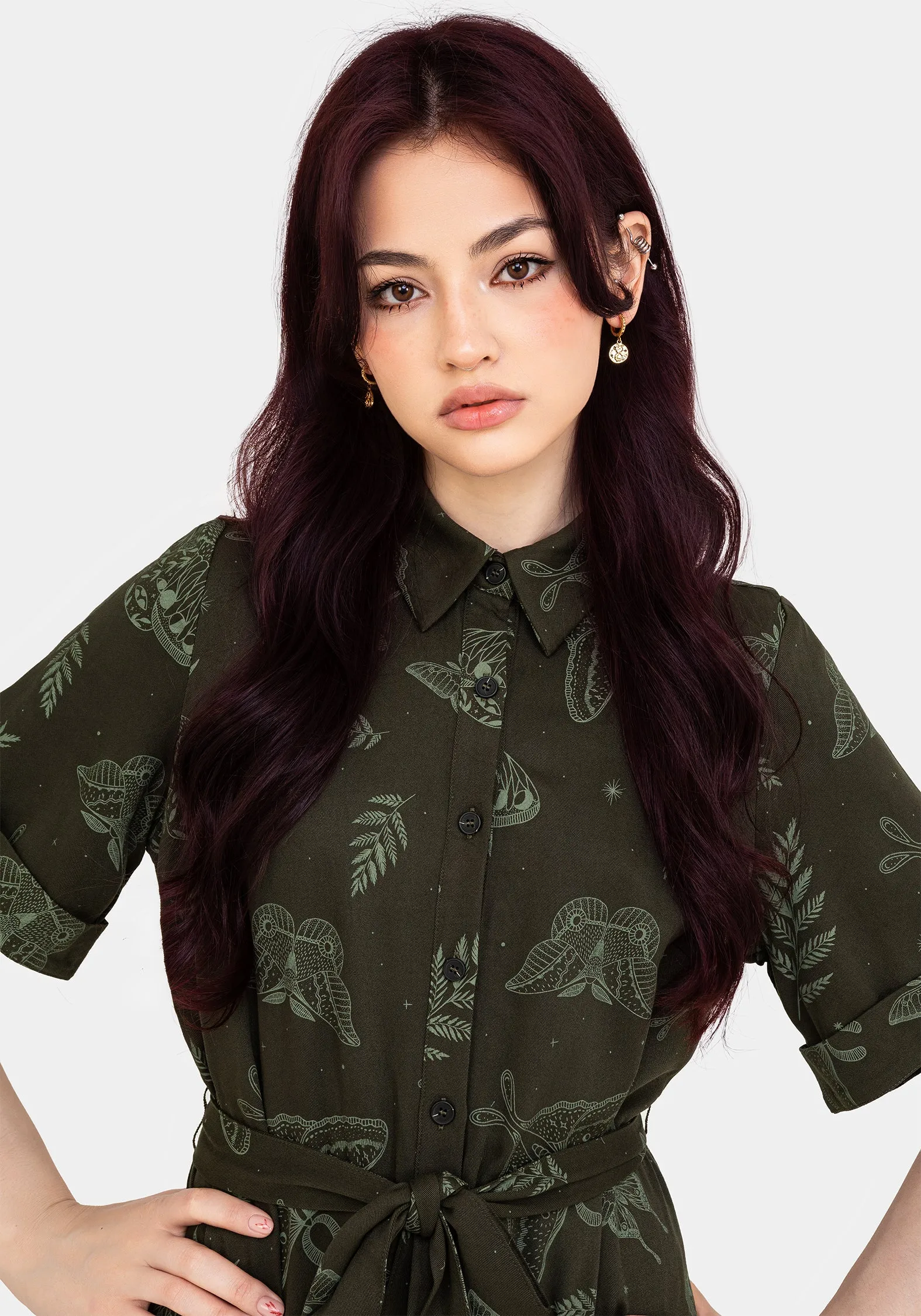 Callopistria Moth Print Mini Shirt Dress - Green Light Touch