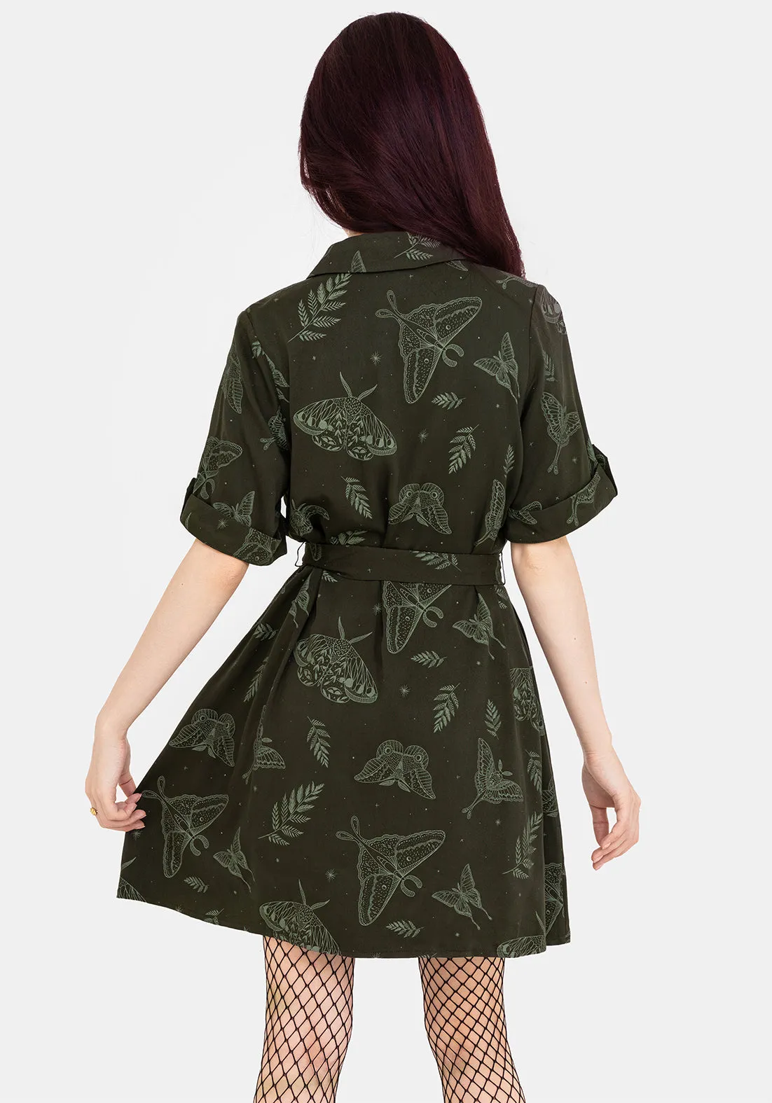 Stage Soft Urban Wear Callopistria Moth Print Mini Shirt Dress - Green