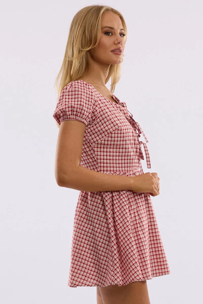 Red Check Mini Dress Ribbon Detail Lightweight Weave Easy Care Fabric