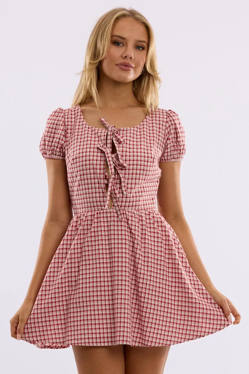 Red Check Mini Dress Ribbon Detail Sleek Silhouette