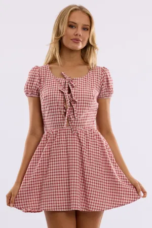 Red Check Mini Dress Ribbon Detail Sleek Silhouette