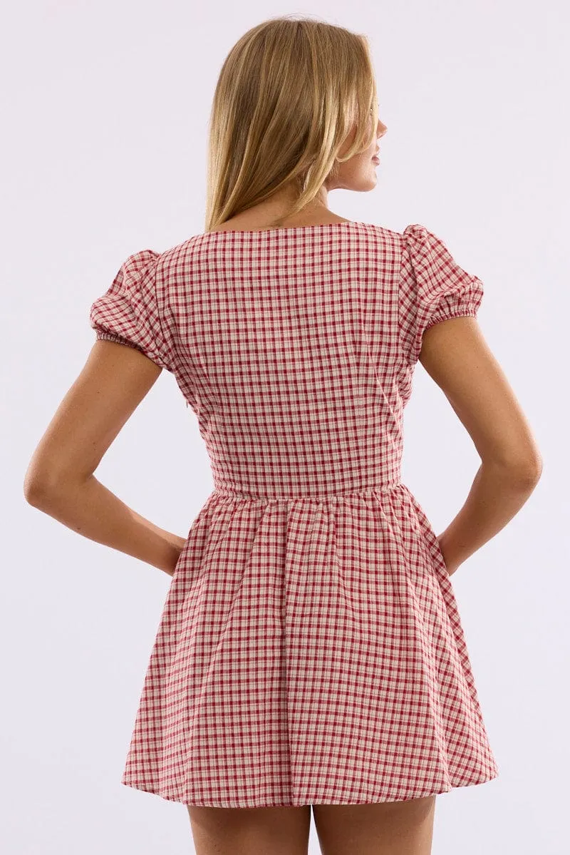 Red Check Mini Dress Ribbon Detail Sustainable production Club Star