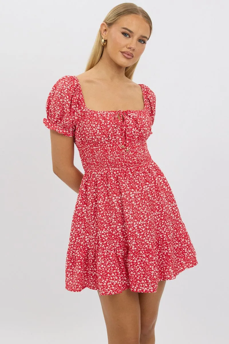 Red Ditsy Fit And Flare Dress Mini Casual Day Look High Thread Count Cotton